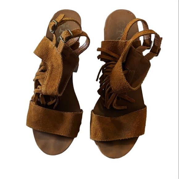 Groove Midnight Fringe Wooden Wedge Sandal Platform Brown Suede Size 9 - Picture 5 of 10